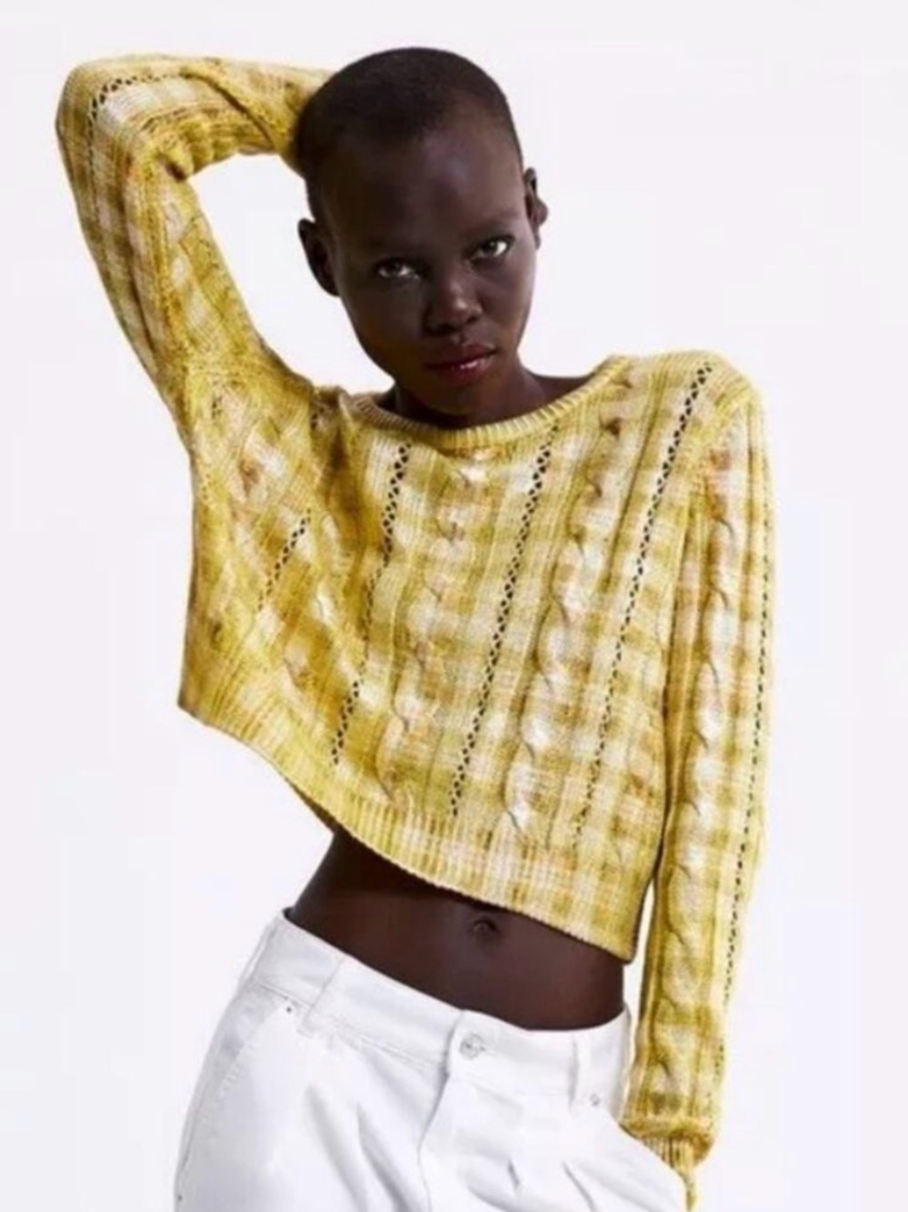Zara Metallic Yellow Cable Knit Cropped Sweater
